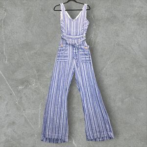 Indigo Rein Jumpsuit Womens Medium Striped Linen Rayon Wide Leg Tie Back